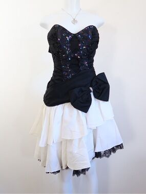 Black Sequin Bustier Party Dress with White Tiered Skirt